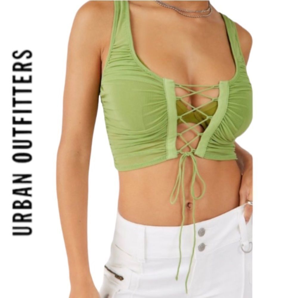 NEW UO Urban Outfitters Ruched Green Lace-Up Tank Top S M L